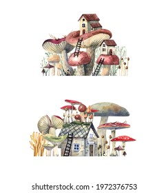 Watercolor illustration fairy houses and tiled roof in mushroom forest  Rural houses   forest mushrooms composition  Hand  drawn picture isolated white background 