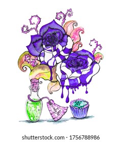 Watercolor illustration to the fairy tale Alice's Adventures in Wonderland. "Eat me" cupcake, bottle with blue magic elixir "drink me". Aquarelle Cartoon Alice. Blue rose flowers with dripping paint.