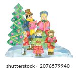 Watercolor illustration with family choir singing carols by decorated conifer tree isolated on white.  Winter Christmas and New Year holiday concept