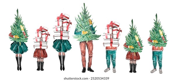 Watercolor Illustration of a Family couple holding Christmas tree isolated on a white background. Xmas Hand drawing. Postcard - Powered by Shutterstock