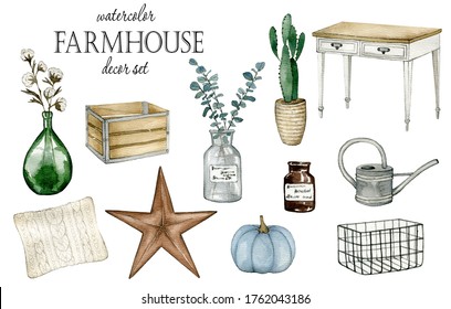 Watercolor Illustration With Farm House Decor. Hand Drawn Clipart Isolated On White Background.