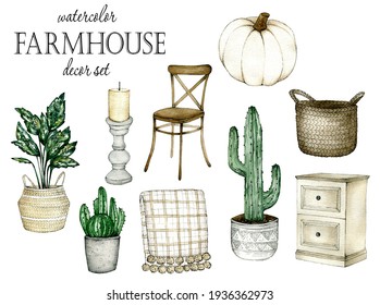 Watercolor Illustration With Farm House Decor. Hand Drawn Clipart Isilated On White Background.