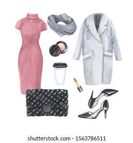 Watercolor Illustration. Fashion Items On White Background