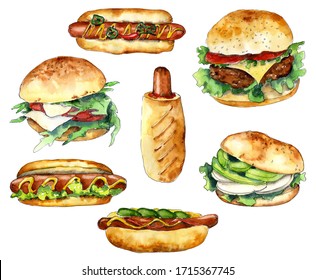 Watercolor Illustration. Fast Food Art. Big Set Of Tasty Hot Dog And Burgers