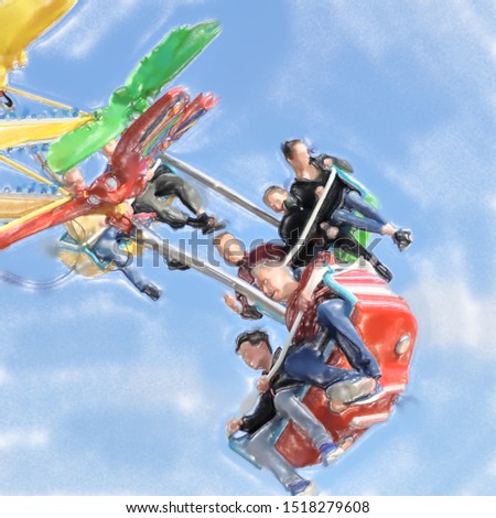 watercolor illustration: Fast and high-flying carousel at the fair, motion blur