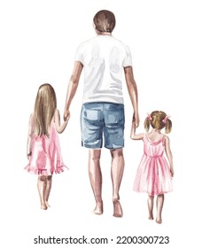 Watercolor Illustration. Father On A Walk With His Daughters. Father's Day, Fashion Illustration.