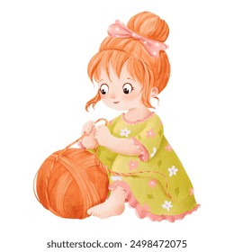 A watercolor illustration featuring a small red-haired girl happily playing with yarn skeins. Ideal for children's book illustrations, crafting blogs, lifestyle designs, or educational materials - Powered by Shutterstock