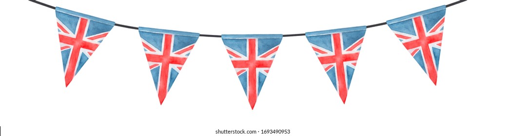 Watercolor illustration of festive British bunting with Union Jack triangular flag. Hand painted water color sketchy drawing on white background, cutout clip art element for design, print, decoration.