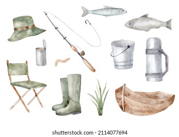 Watercolor illustration, fishing, boat, fishing hat, rubber boots, iron bucket, fishing rod, fish, worm, hook, reed. Camping. Isolated on white background.
