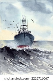 Watercolor Illustration Of A Fishing Boat In A Rough Dark Blue Stormy Sea With Foamy Waves And Seagulls Flying Above The Ship