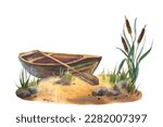 Watercolor illustration, fishing, old wooden boat near the shore with reeds. Camping. Isolated on white background.