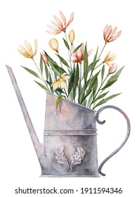 Watercolor Illustration Of Floral Bouquet In The Vintage Watering Can