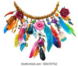 Watercolor Illustration With Floral Necklace With Feathers