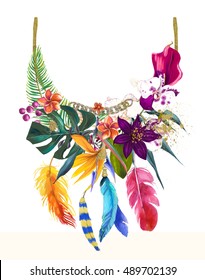 Watercolor Illustration With Floral Necklace With Feathers