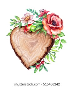 watercolor illustration, flower bouquet, floral background, wooden texture, rustic banner, heart shape wood slice, flowers, leaves, wild garden nature, isolated on white background