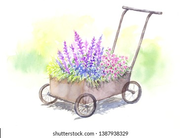 Watercolor Illustration Of Flower Cart.