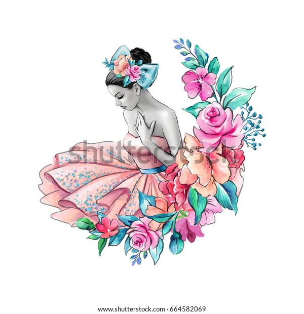 水彩イラスト 花の女の子 花の結婚式 若い女性のポートレート ピンクのドレス バレリーナ のイラスト素材 664582069