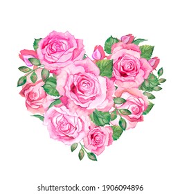 Watercolor Illustration Of A Flower Heart, Heart With Rose Flowers, Love, Valentine, Heart 