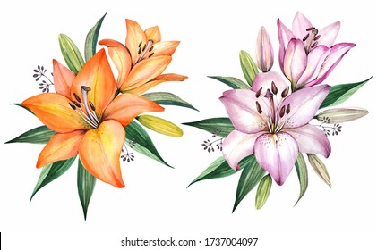 Watercolor illustration. Flowers bouquet. Orange and pink lilies.