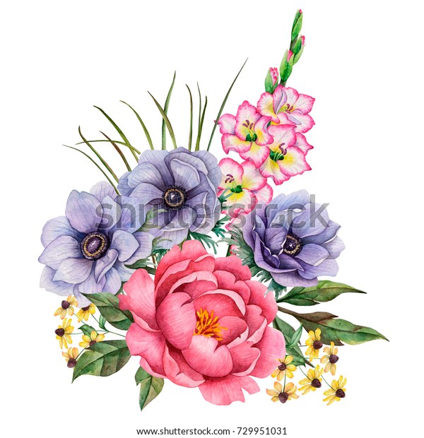 花的水彩插图 手绘花卉组合物隔离在白色背景上 花束与牡丹 海葵 角斗 鲁德贝克亚和叶子 库存插图
