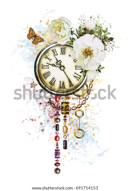 花の付いた水彩イラスト 時計 スプラッシュペイント 花 宝飾品 蝶 スプラッシュペイントのある部族の背景 Tシャツ タトゥーの格好いい印刷 ビンテージ のイラスト素材