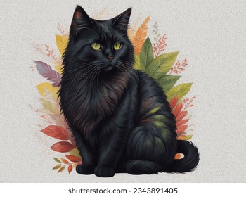 Watercolor illustration, fluffy black cute cat . Mysterious animal. - Powered by Shutterstock