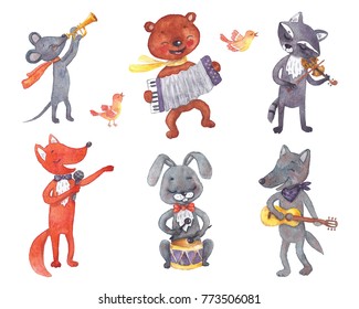 Watercolor illustration of forest animals with musical instruments.