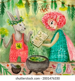 Watercolor Illustration Of Forest Animals With Rabbit Wizard And Fairy, Childrens Illustration, Book Illustration