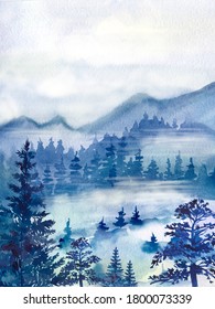 Watercolor illustration Forest in blue tones  Landscape  Forest trees  pines  mountains  Foggy forest  woodland  calendar design  greeting card 