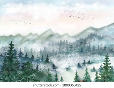 Watercolor illustration Forest in green tones  Landscape  Forest trees  pines  mountains  Invitations  calendar design  greeting card