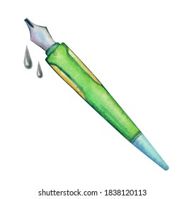 Watercolor Illustration Of Fountain Pen With Ink Drops On White Background In Cartoon Style