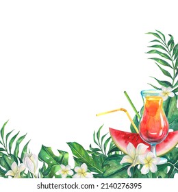 Watercolor illustration frame of tropical leaves, fruit and cocktail. With plumeria flowers, watermelon and cocktail tubes. For menus, postcard design, invitations, presentations, information board. - Powered by Shutterstock