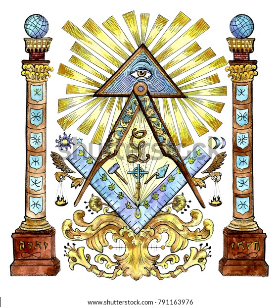 Watercolor illustration with freemason and\
mysterious symbols isolated on white. Secret societies emblems,\
occult and spiritual mystic drawings. Tattoo fantasy design, new\
world order