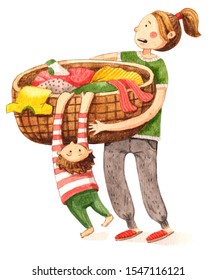 A Watercolor Illustration Of A Frustrated Mom Carrying A Laundry Basket And A 
Kid Hanging On It. Happy Mother's Day Card Design. Mom And Toddler Son.  