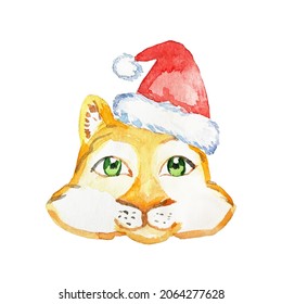 Watercolor illustration of a funny tiger in a Santa hat for Christmas, . for New Year and Christmas designs, gift packages, logos, stickers, fabrics, backgrounds