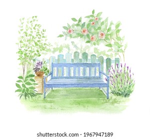 Watercolor Illustration Of Garden Bench.