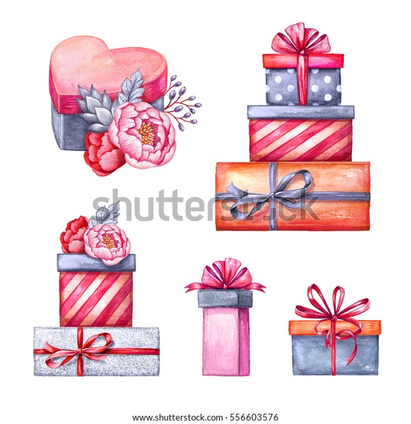 水彩イラスト ギフトボックスの杭 花柄の飾り バレンタインデーのクリップアート 誕生日プレゼント 白い背景にデザインエレメント のイラスト素材