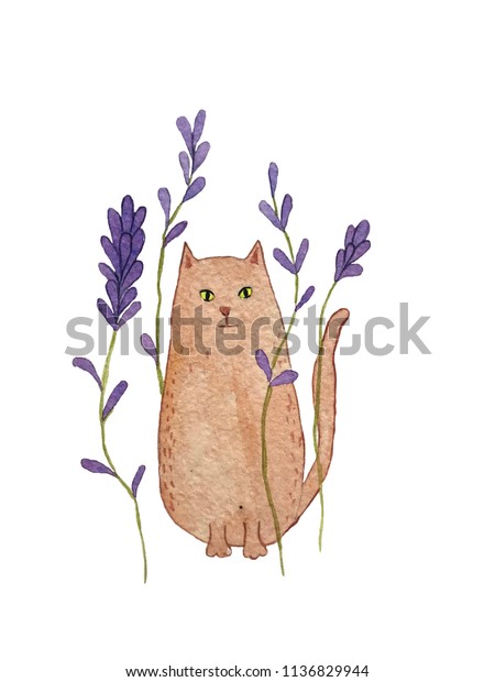 Watercolor illustration of ginger car with\
lavender flowers, hand drawn\
postcard