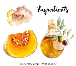 Watercolor illustration of ginger, pumpkin, and olive oil into your diet for their beneficial health properties - Powered by Shutterstock