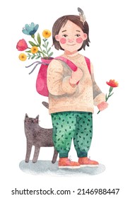 A Watercolor Illustration Of A Girl Caring A Backpack With Flowers. Happy Little Traveller. Knitted Sweater And Green Pants. Black Cat As A Pet Friend. Cute Child With Feather In Hair.