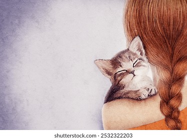 Watercolor illustration of a girl with a cat. Girl with a kitten on her shoulder. The girl took a cat from the shelter
 - Powered by Shutterstock