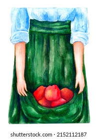 Watercolor Illustration Of A Girl In A Green Apron Holding A Red Apple, Apple Orchard On An Isolated White Background For Posters, Postcards