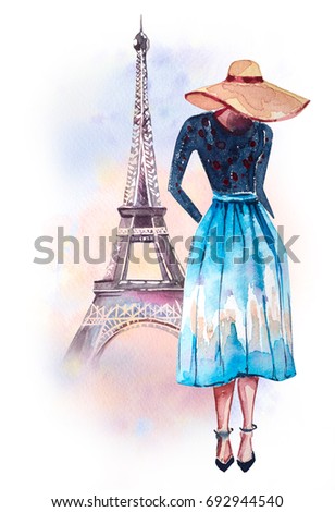 Watercolor illustration of a girl in a hat on a background of Paris