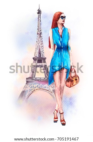 Watercolor illustration of a girl in a high-heeled dress in Paris