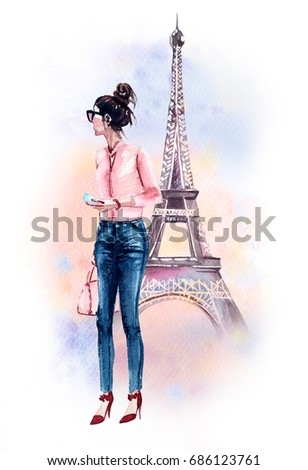 Watercolor illustration of a girl in Paris fashion