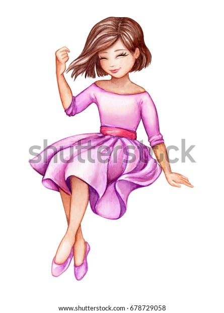 白い背景に水彩イラスト ピンクのドレスを着た女の子 かわいいリトルコケット バレリーナ 座ったポーズ 白い背景に のイラスト素材