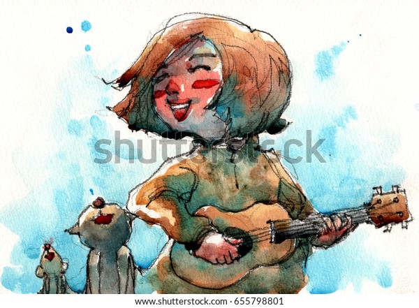 小さなギターを弾く女の子と子猫と一緒に歌う女の子の水彩イラスト お粗末な手作りのアートワークをスキャンした作品 のイラスト素材
