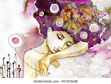 Watercolor illustration of a girl sleeping