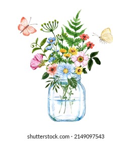 Watercolor Illustration Of Glass Mason Jar With Wildflower Bouquet. Hand Painted Flowers, Grass, Butterflies, Isolated On White Background. Summer Arrangement. Greeting Card Design.