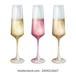 Watercolor illustration with glasses of wine and champagne set on white background. Red and white wine glass watercolor illustration. Hand drawn realistic fresh alcohol beverage element. - Powered by Shutterstock